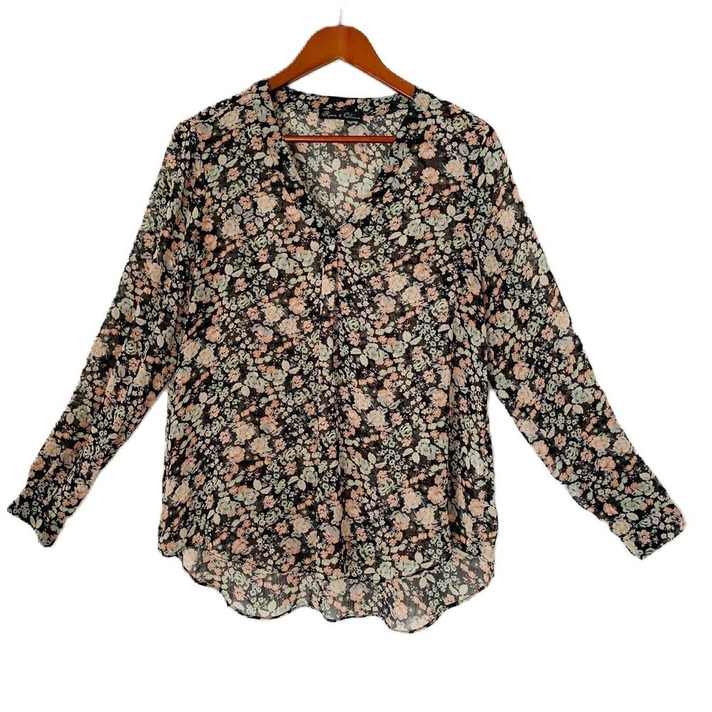 Rose & Olive Blouse Women Medium Black Multicolor Floral Sheer Cottage Boho